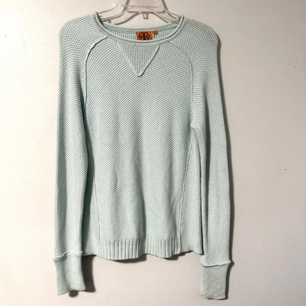 Tory Burch Crew Neck Waffle Knit Sweater Ice blue Raglan Sleeve Pullover Women M